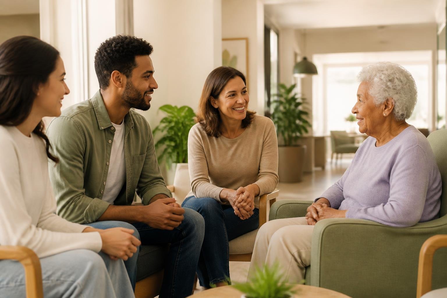 Família conversa respeitosamente com uma pessoa idosa durante visita a uma residência para idosos