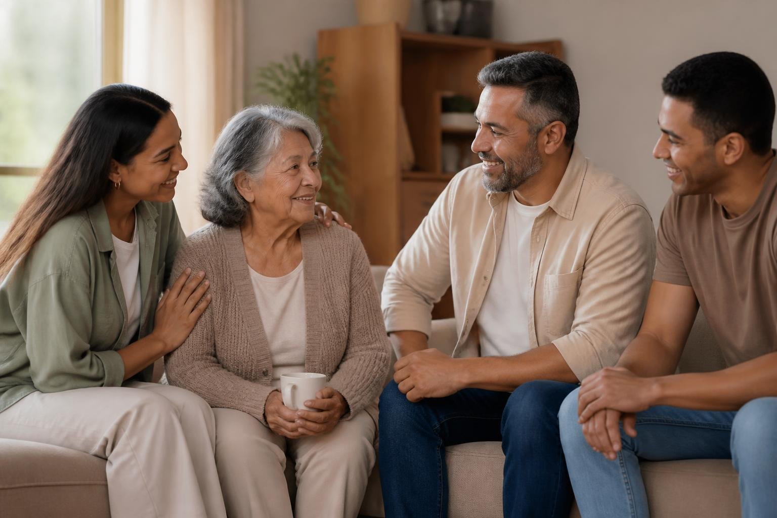 Família conversa com uma pessoa idosa em uma sala acolhedora de residência