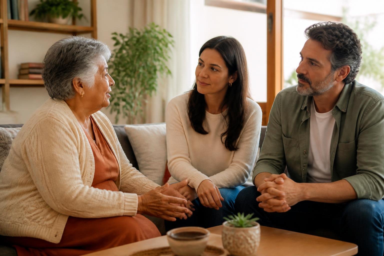 Pessoa idosa conversa com familiares em um ambiente residencial acolhedor.