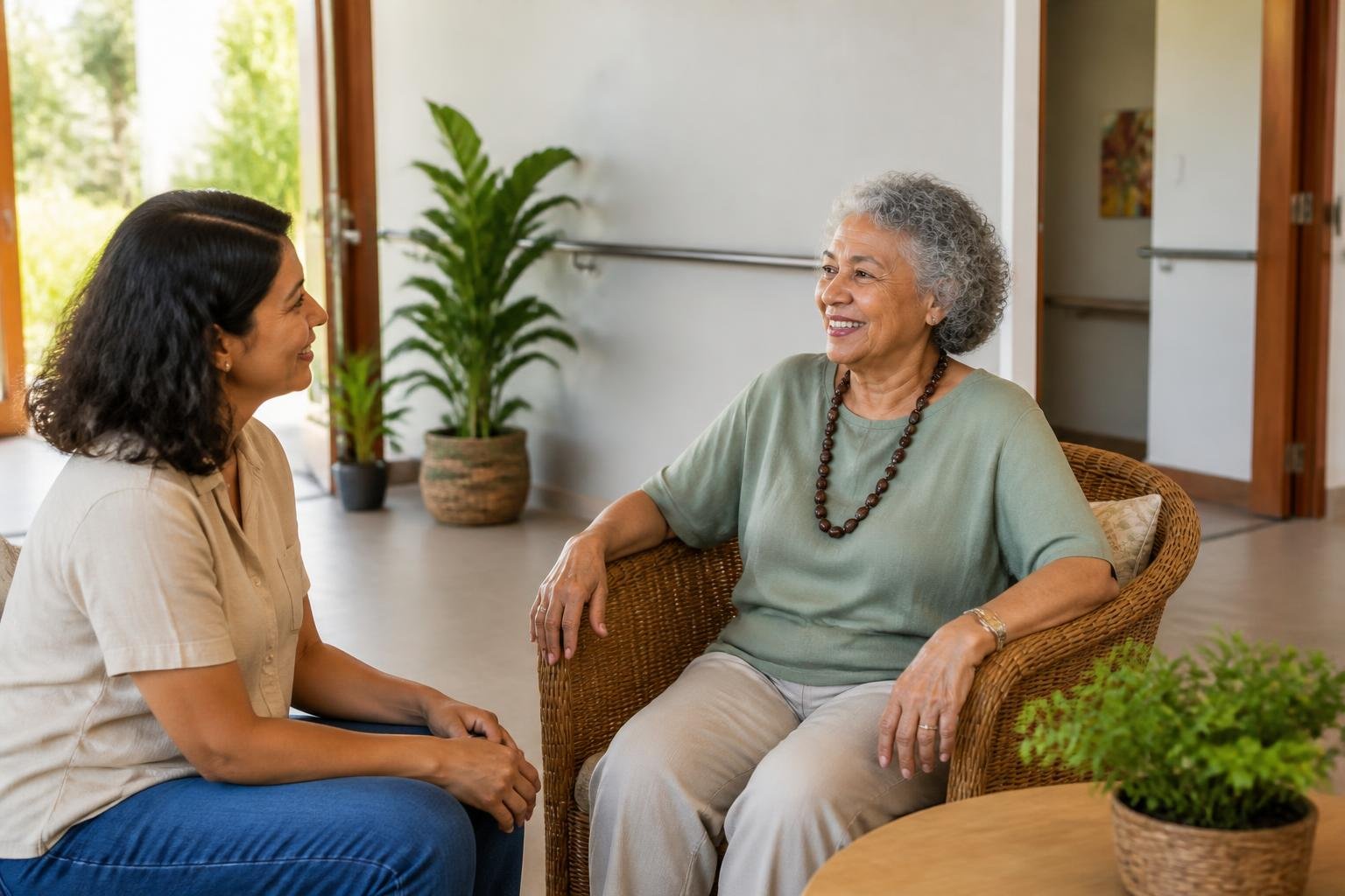 Pessoa idosa brasileira conversando com familiar em uma residência acolhedora e acessível