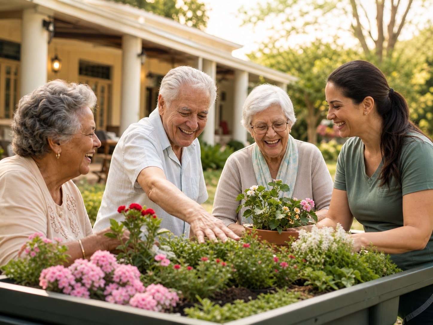 Idosos e cuidadora participando de uma atividade de jardinagem ao ar livre